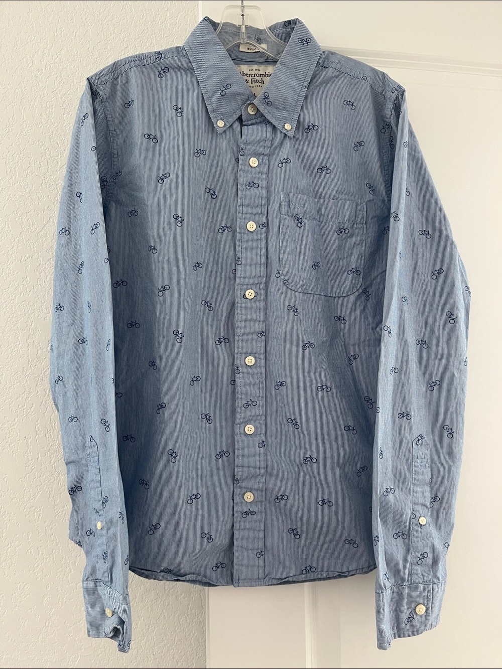 Abercrombie & Fitch Light Blue Button-Down Shirt with Navy Bicycle Print